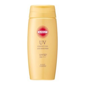 White‑background product shot of KOSE Suncut UV Perfect Gel SPF 50+ PA++++ – a clear, lightweight Japanese sunscreen in a 100 g squeeze tube, branded with gold and blue accents, representing its super‑waterproof, broad‑spectrum sun protection ideal for humid Ghanaian climates.